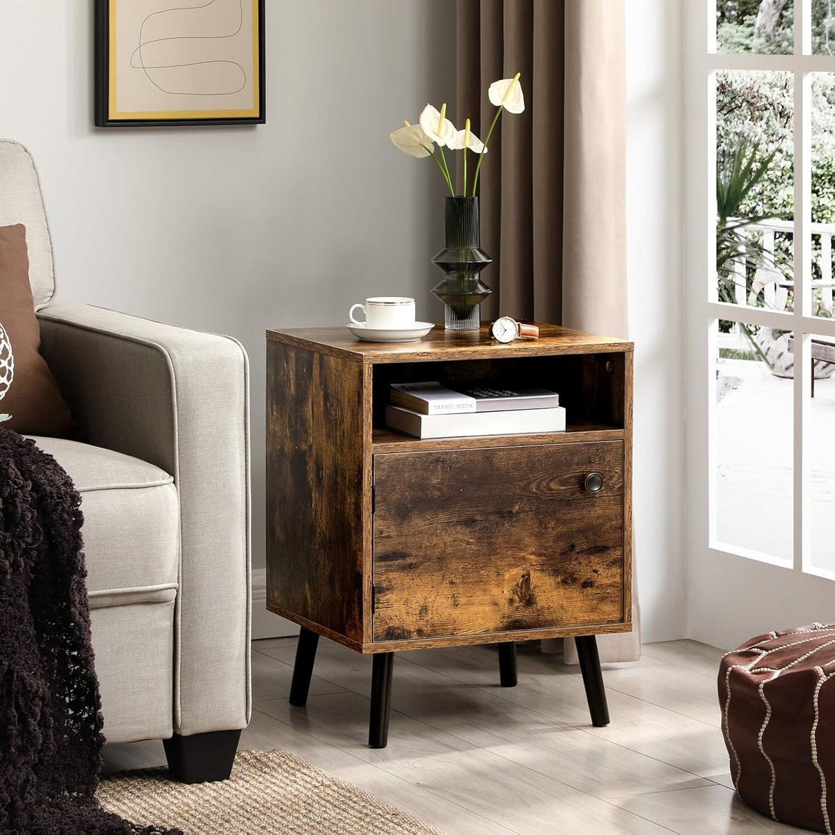 Rustic Brown Nightstand with Open Shelf and Cabinet A7785