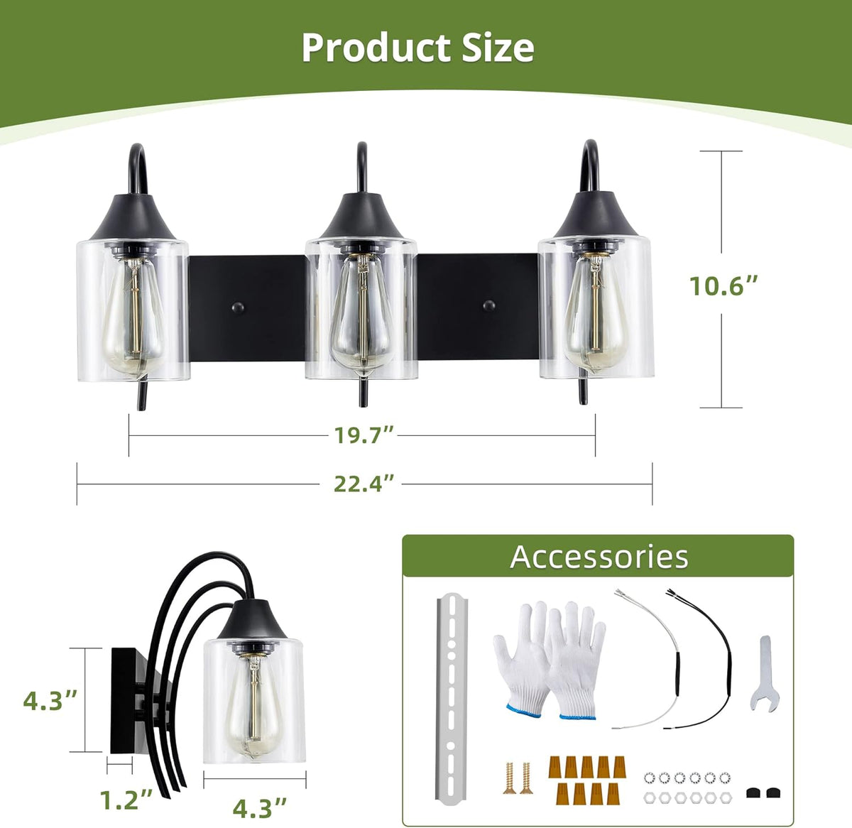 3-Light Matte Black Bathroom Vanity Light with Clear Glass Shades P86513