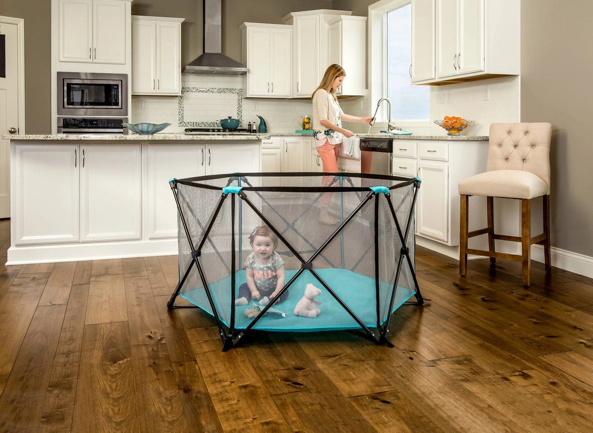 Portable Play Yard, Washable, Aqua, 6-Panel U918