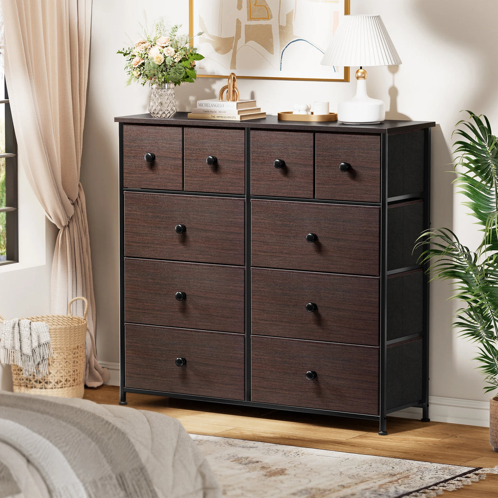 Dark Brown 10 Drawer Fabric Dresser V9065