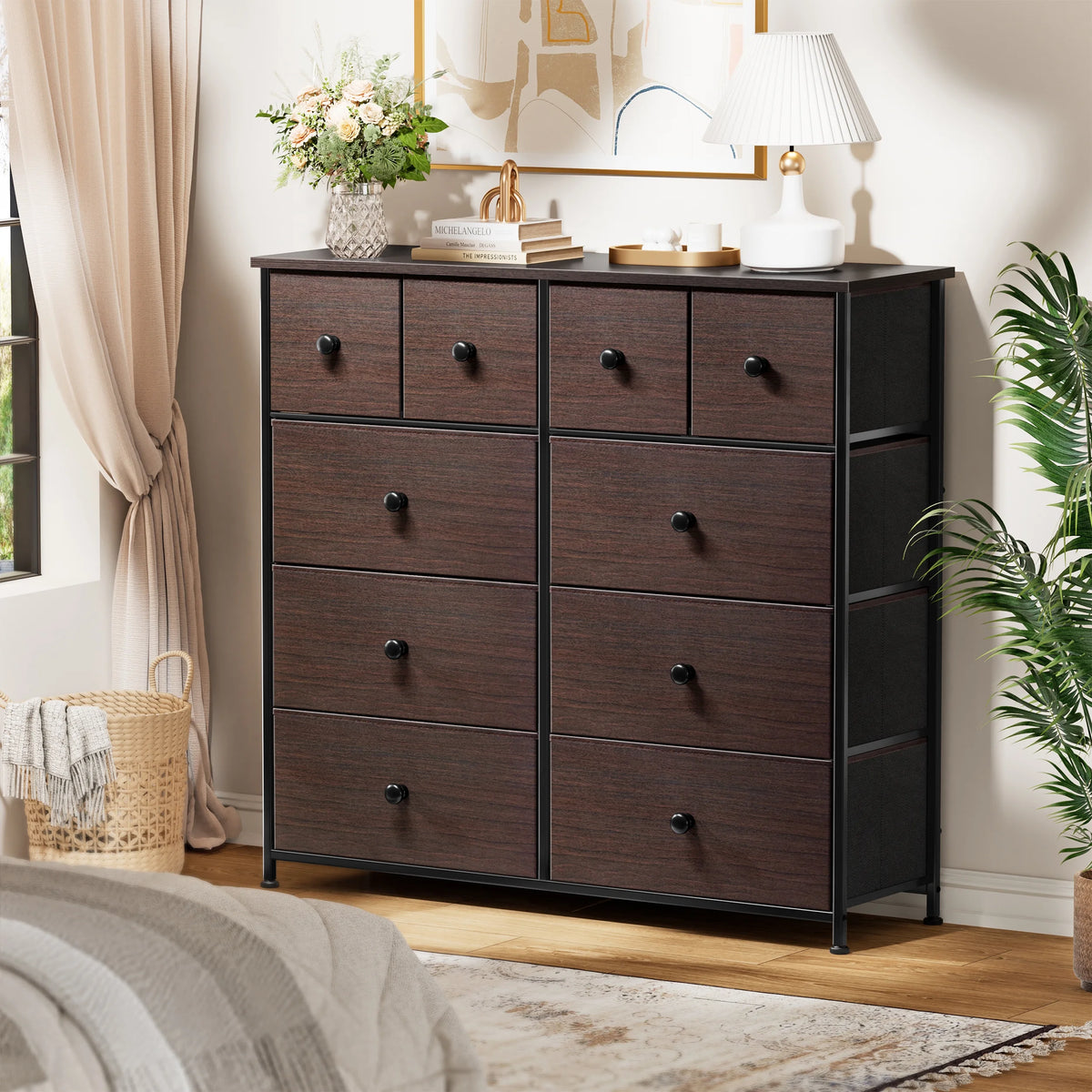 Dark Brown 10 Drawer Fabric Dresser V9065
