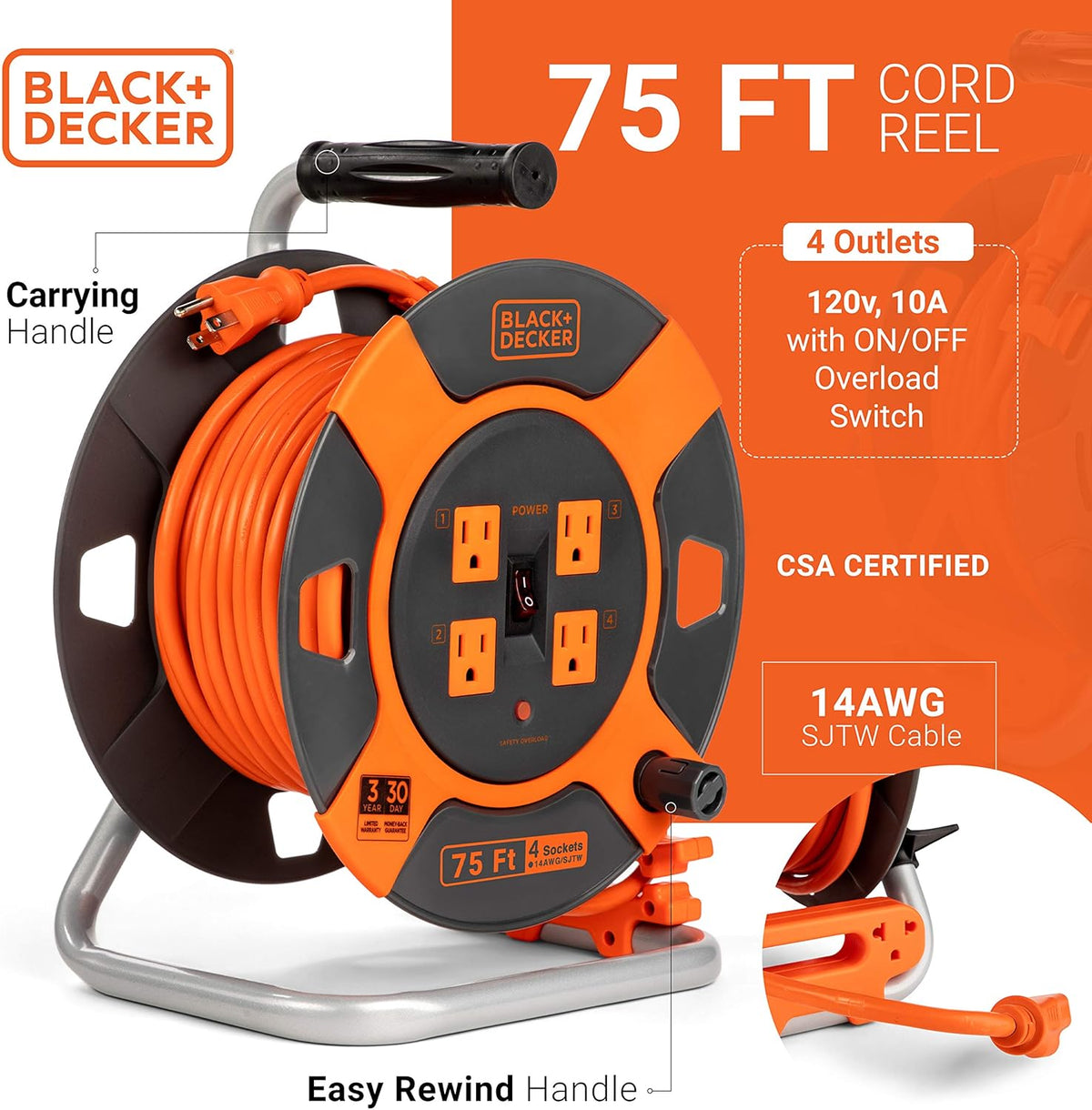 75 ft 4 Outlets 14AWG SJTW Retractable Extension Cord R4566