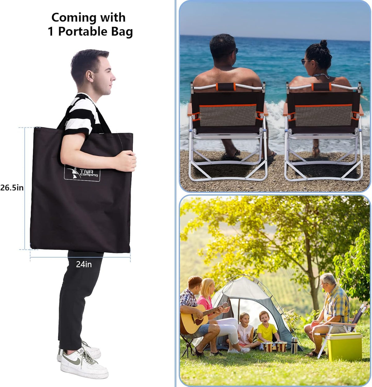 Camping Beach Chair, Heavy Duty Triangular Frame, Easy Folding with Portable Bag and Back Pocket, Dark Brown W950008