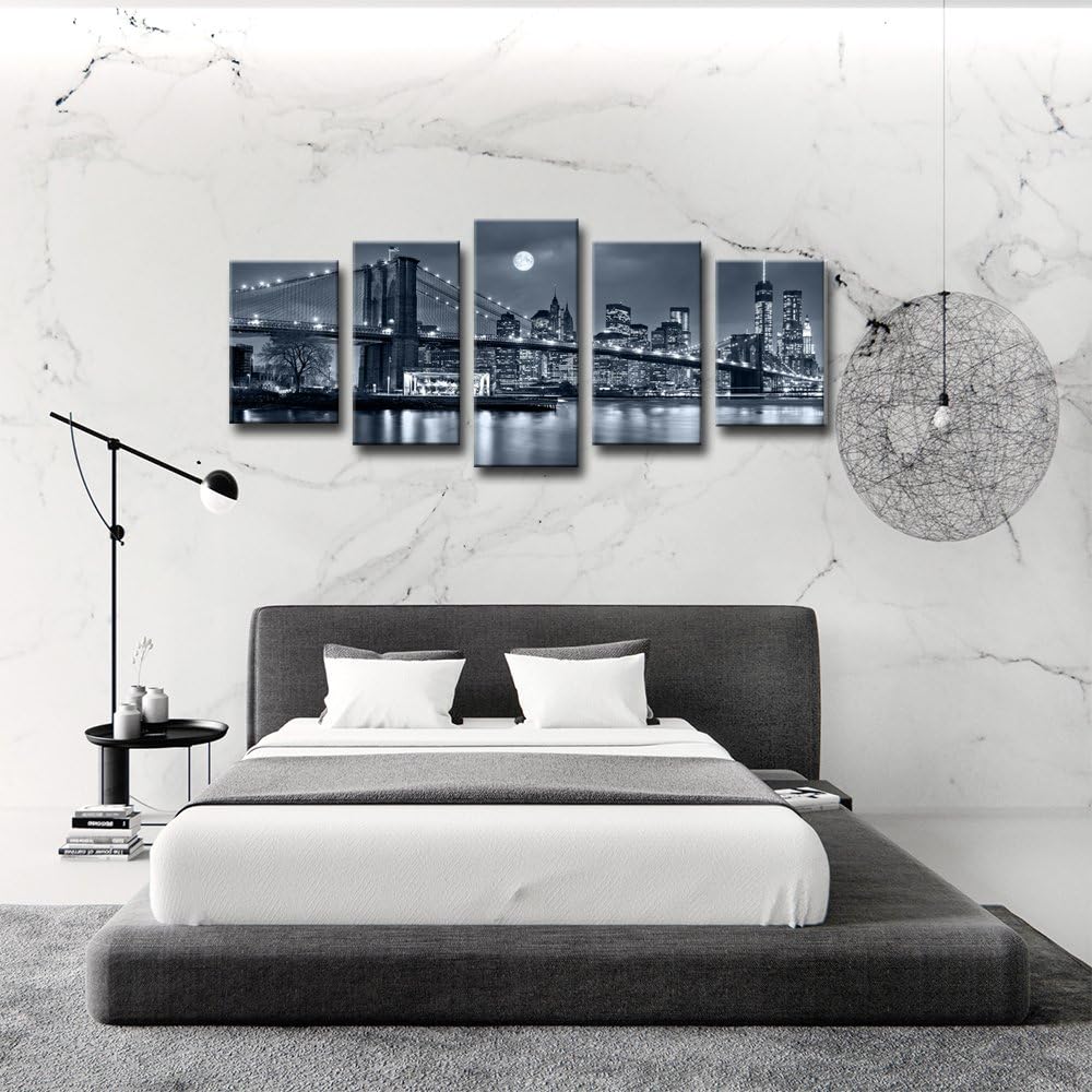 Black and White 5 Pc Framed Canvas Cityscape Wall Art B6198