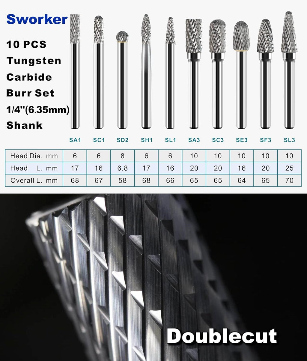 Carbide Burr Set 1/4 Shank 10PCS Double Cut T733