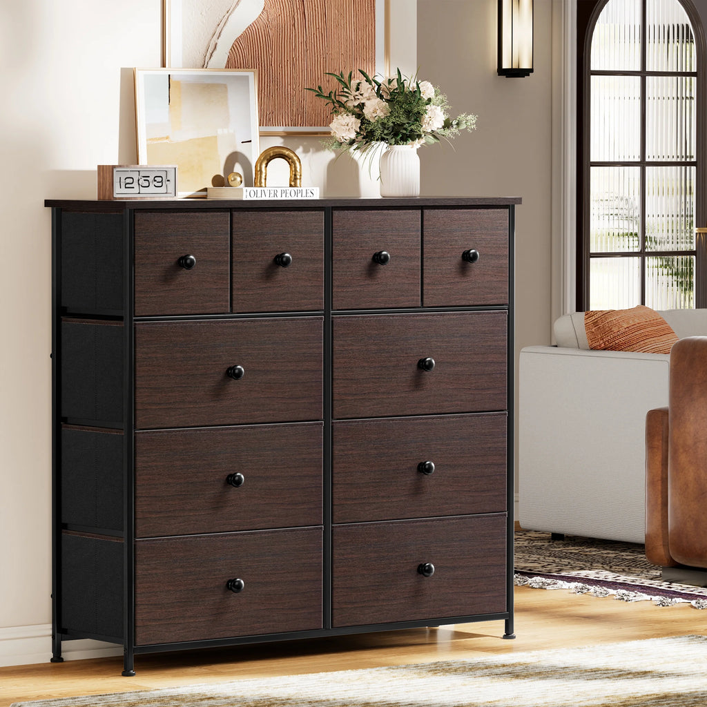 Dark Brown 10 Drawer Fabric Dresser V9065