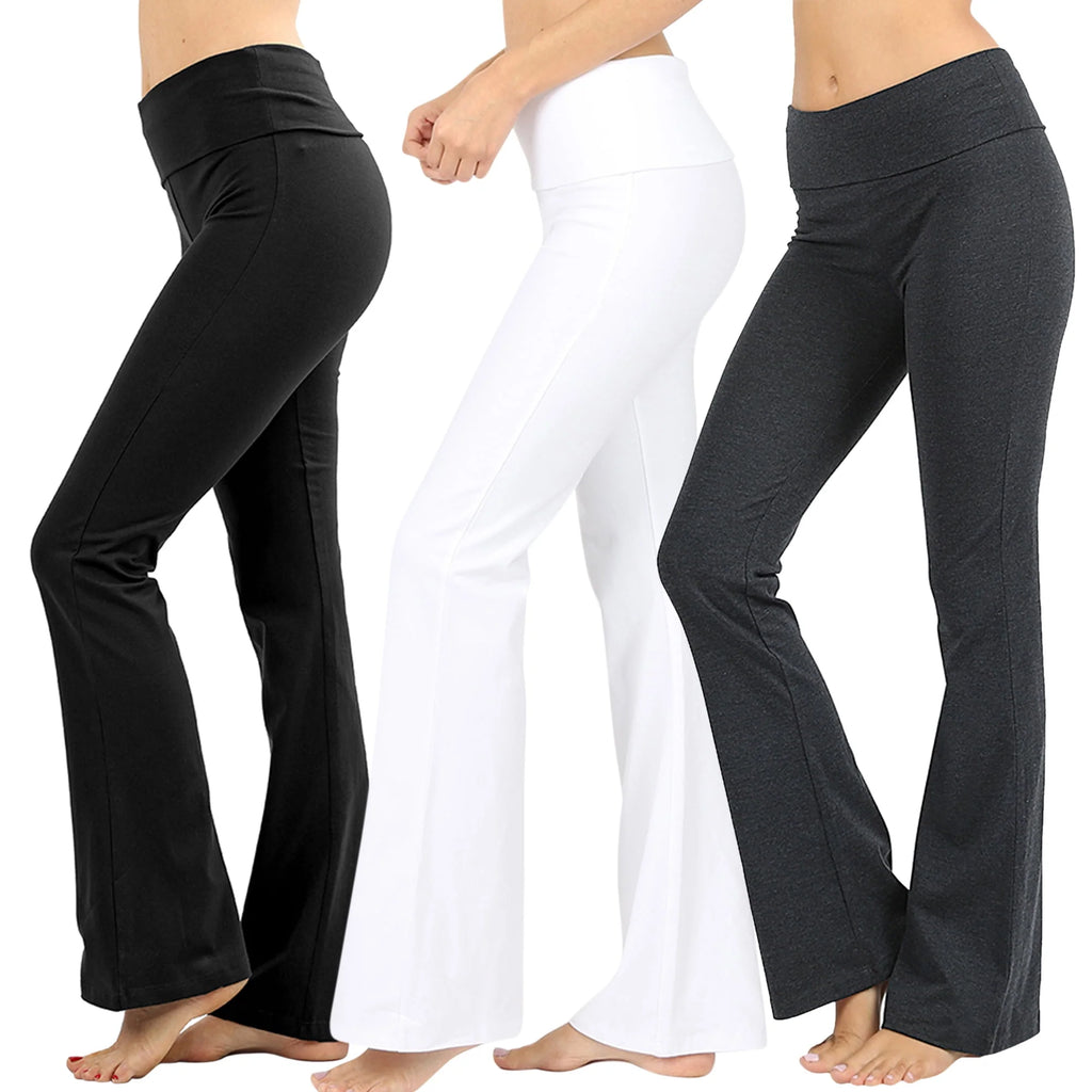 Cotton Fold-Over High Waist Bootcut Yoga Pants I381