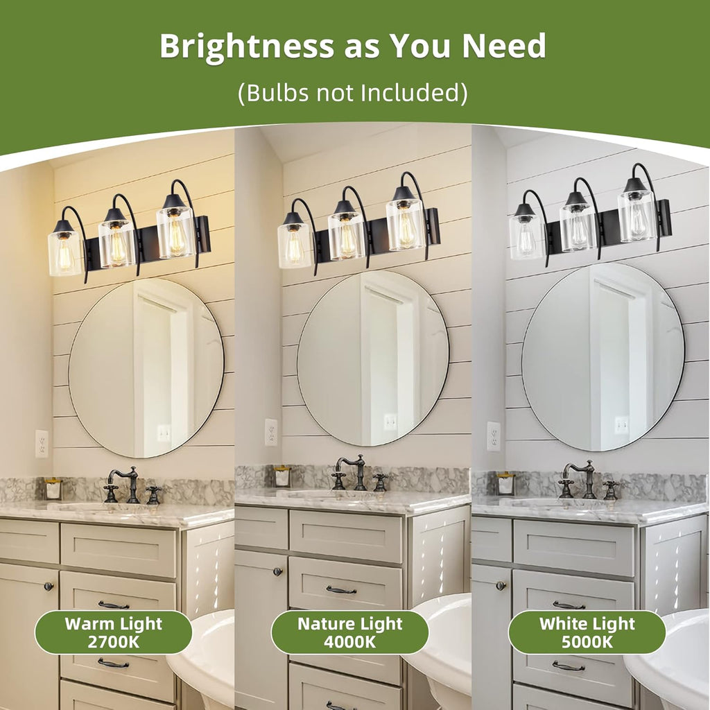 3-Light Matte Black Bathroom Vanity Light with Clear Glass Shades P86513