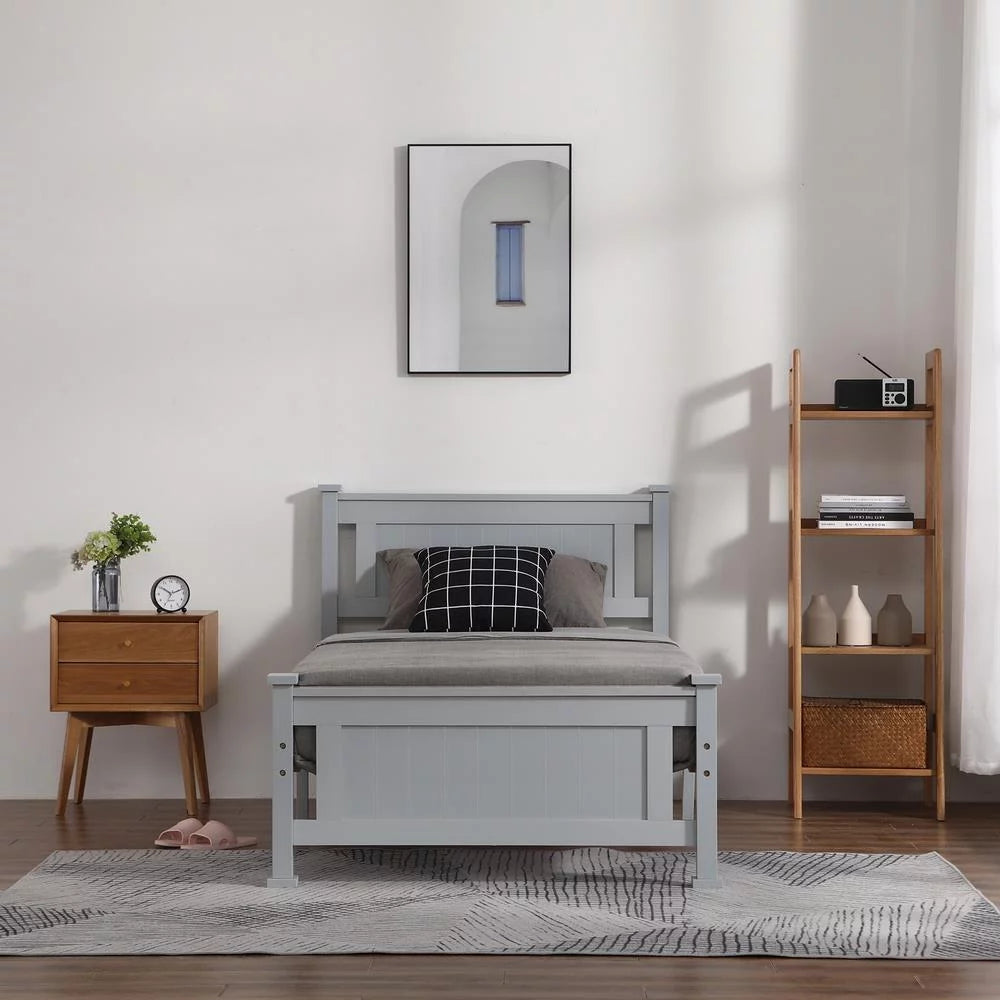 Gray Solid Pine Wood Twin Bed Frame with Headboard N996