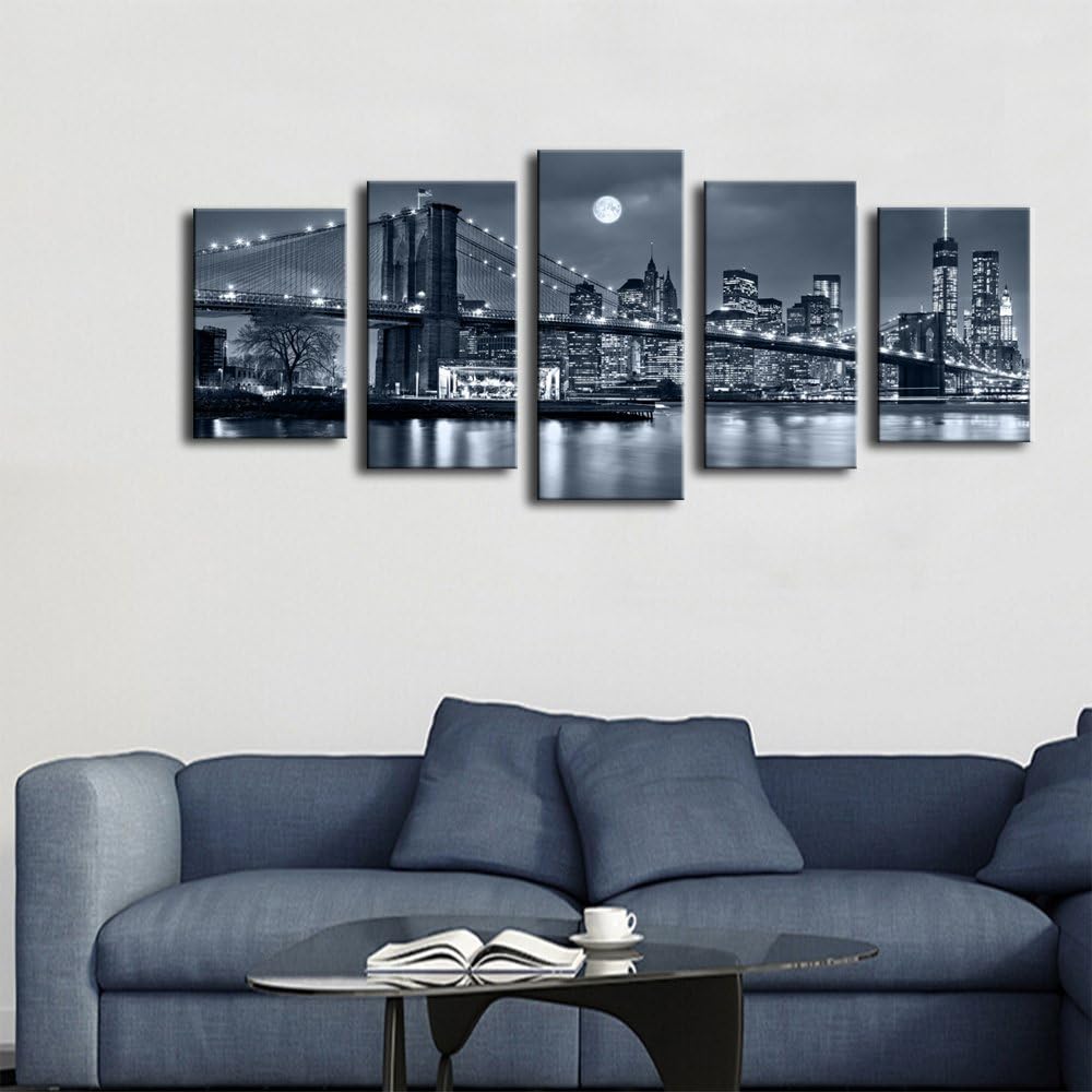 Black and White 5 Pc Framed Canvas Cityscape Wall Art B6198