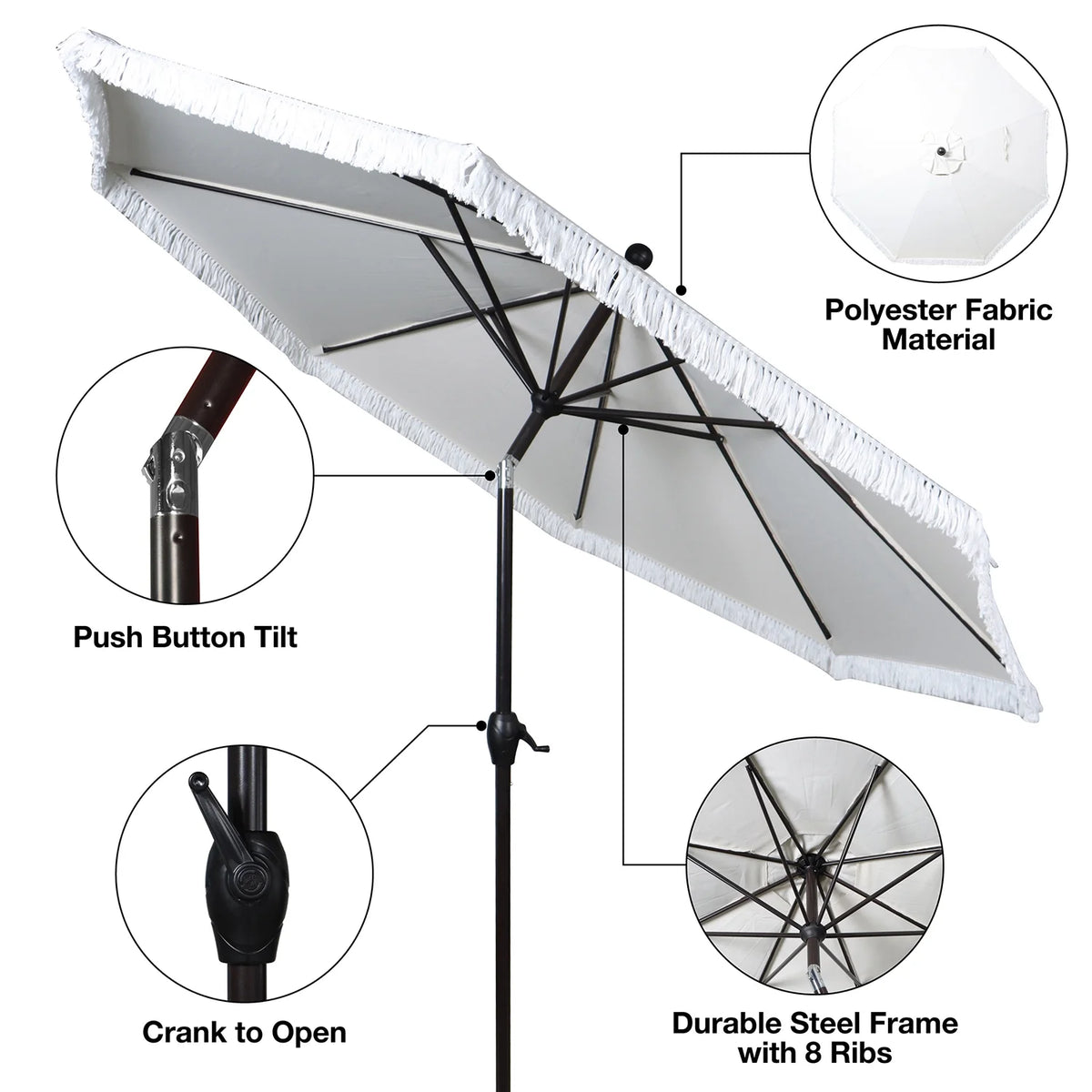 9' Cream Fringe Round Crank Patio Umbrella L5865