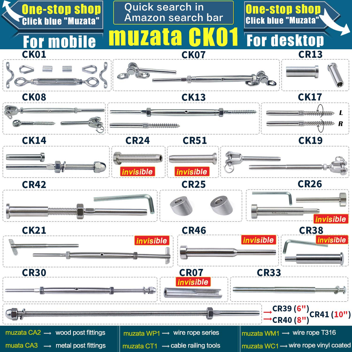 10 Pair Invisible Cable Railing Kit 1/8 Swage Tensioner and Terminal T316 Stainless Steel R561