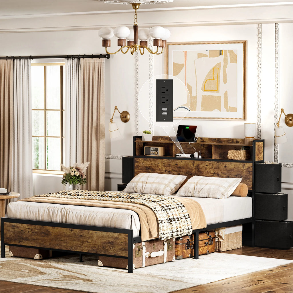 Queen Bed Frame with 6 Drawers Storage Headboard and USB Ports K8612