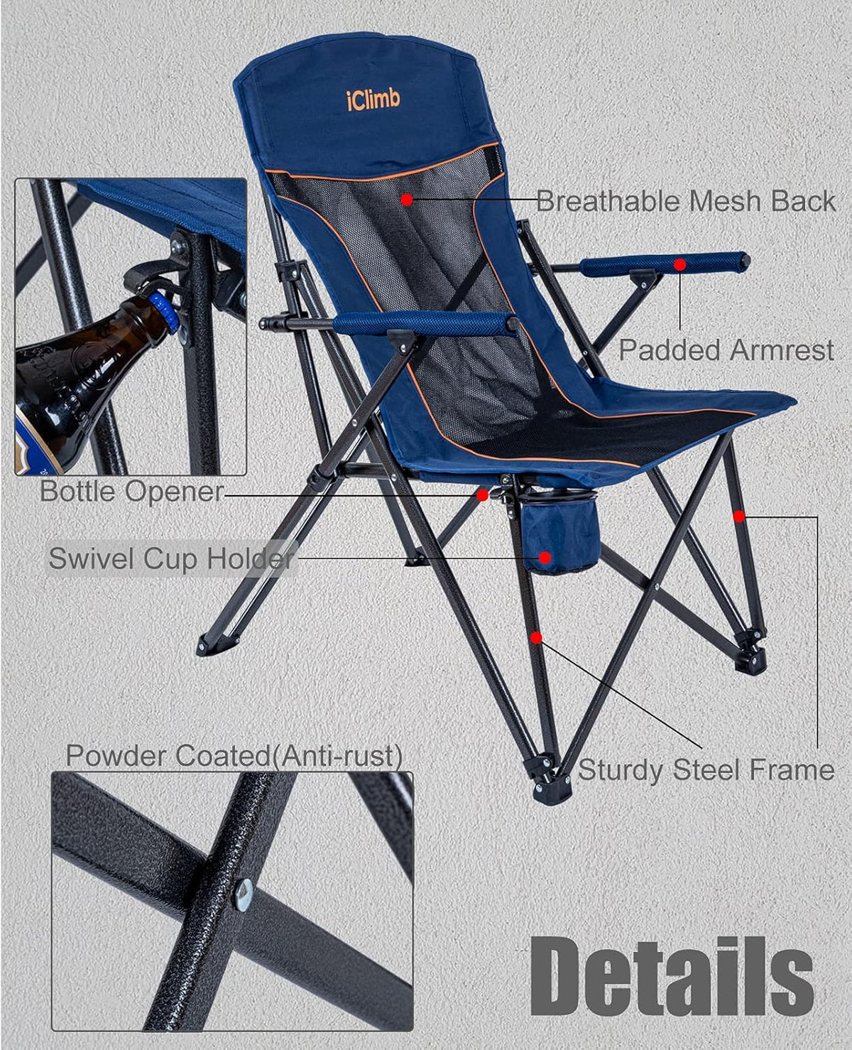 Heavy Duty Folding Mesh Camping Chair with Cup Holder and Carry Bag Q970