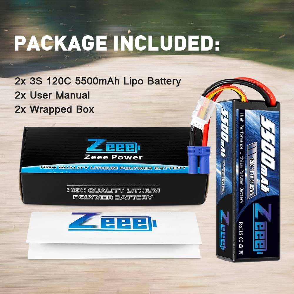 3S Lipo Battery 5500mAh 11.1V 120C Hard Case with EC5 Connector 2 Pack B14853