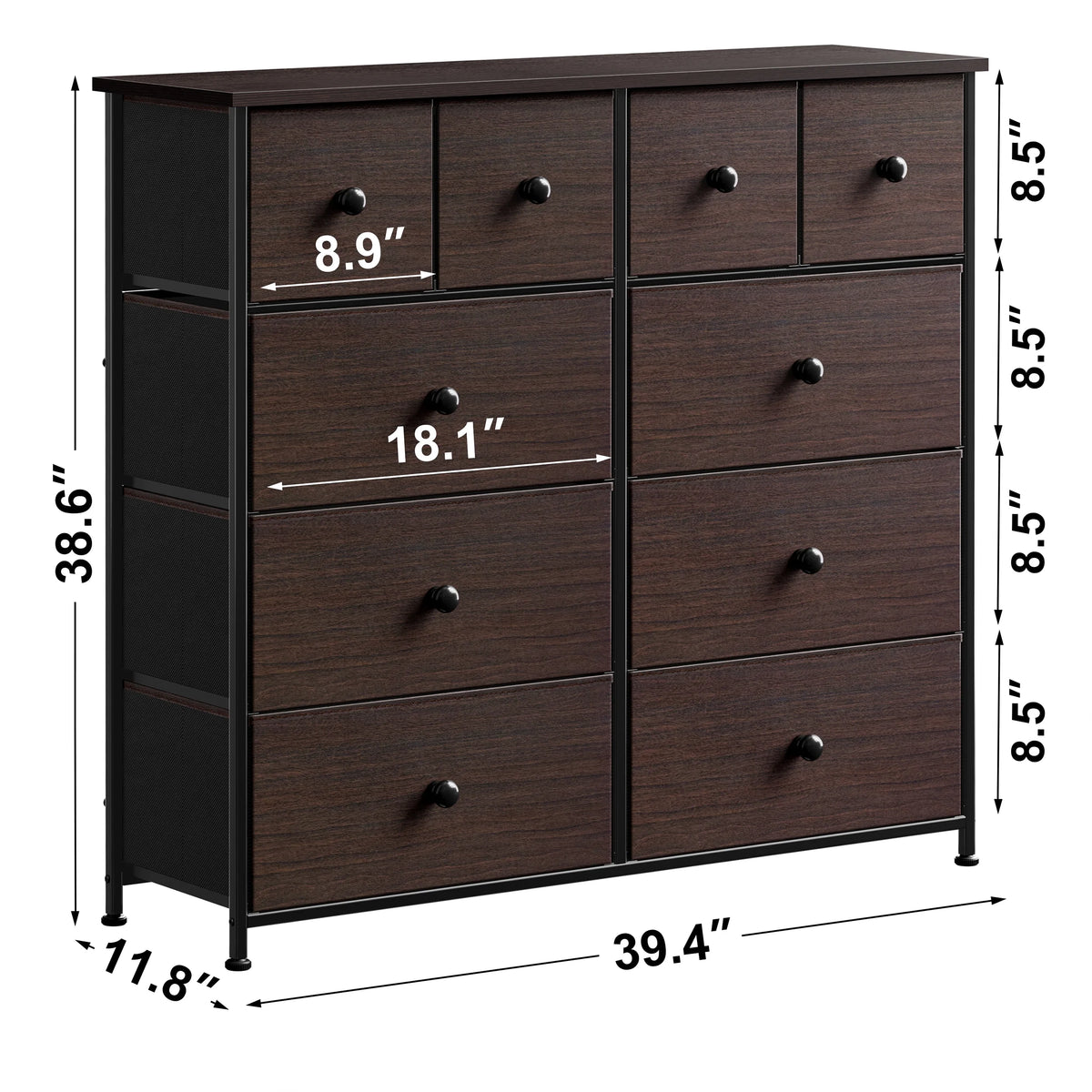 Dark Brown 10 Drawer Fabric Dresser V9065