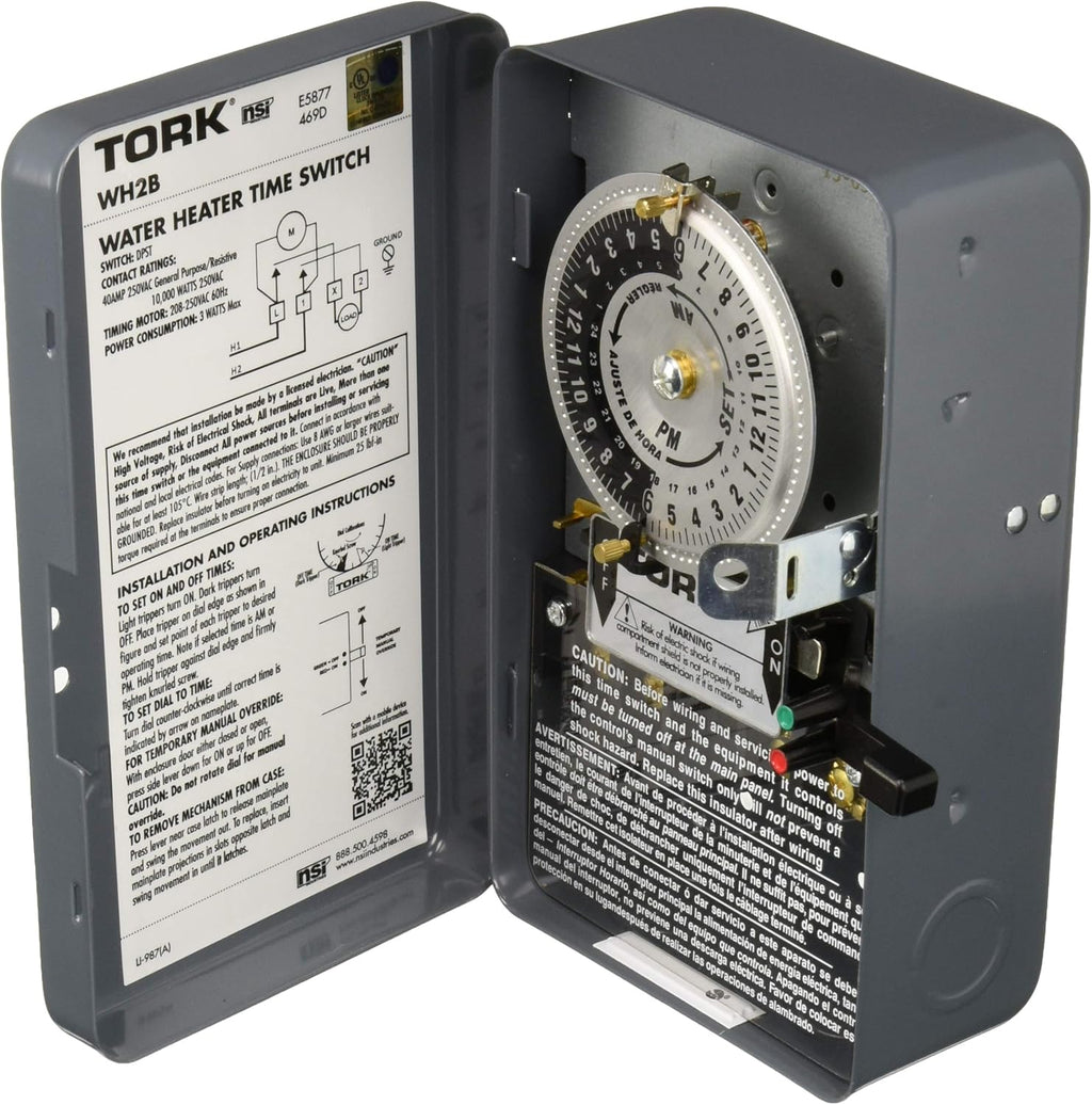 Mechanical Water Heater Time Switch, 24-Hour, 208/250V, 40A, DPST, Gray D147254
