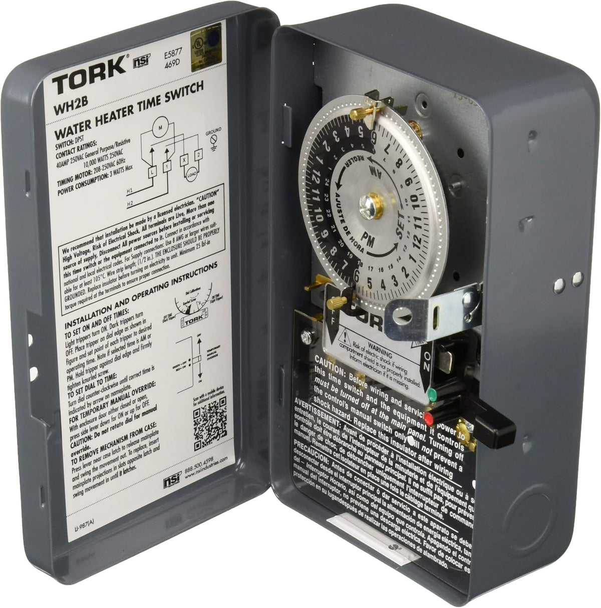 Mechanical Water Heater Time Switch, 24-Hour, 208/250V, 40A, DPST, Gray D147254