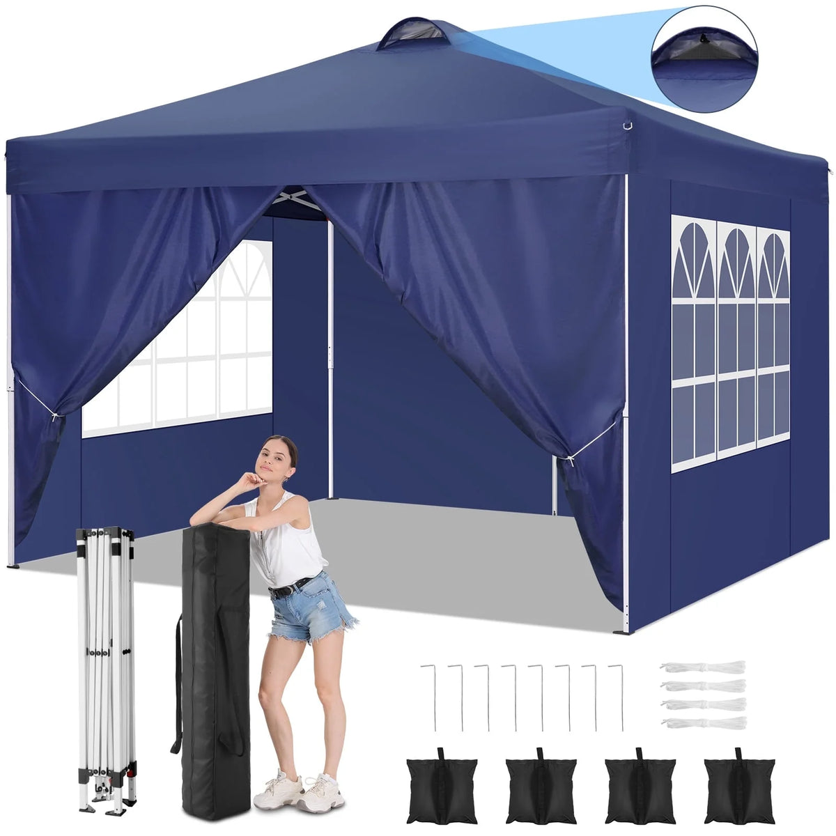 10'x10' Pop Up Canopy with Sidewalls and Sandbags D1405