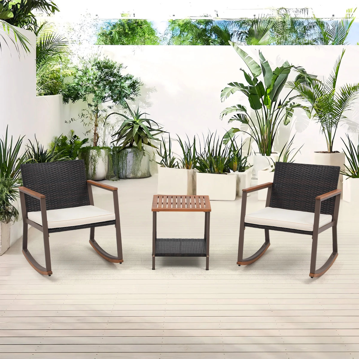 3 Piece Wicker Patio Bistro Set with Coffee Table and Cushions V7908
