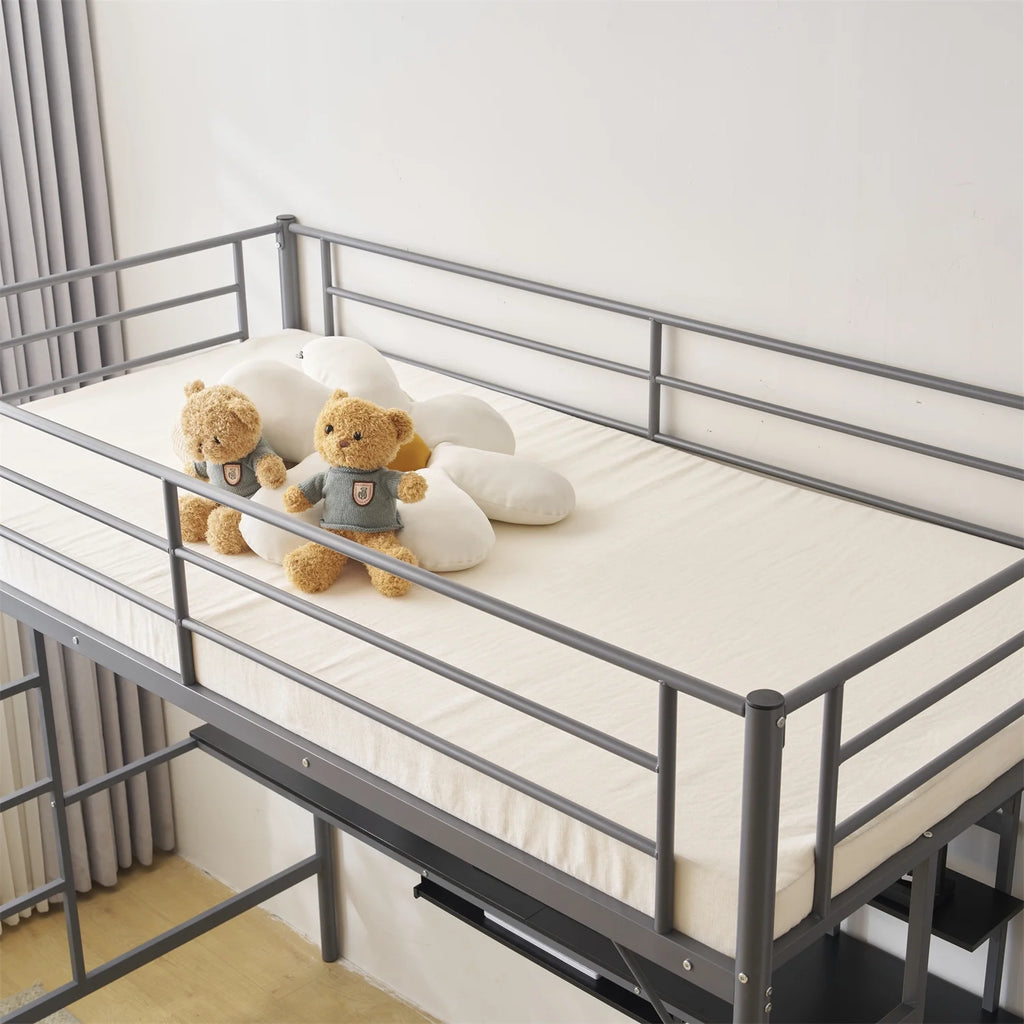 Twin Size Black Metal Loft Bed with Desk and Shelves U464