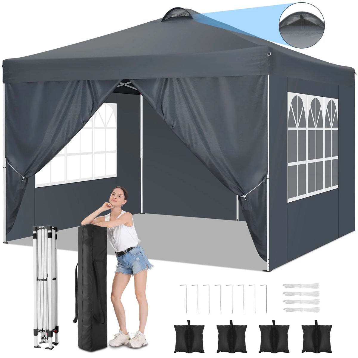 10'x10' Pop Up Canopy with Sidewalls and Sandbags D1405