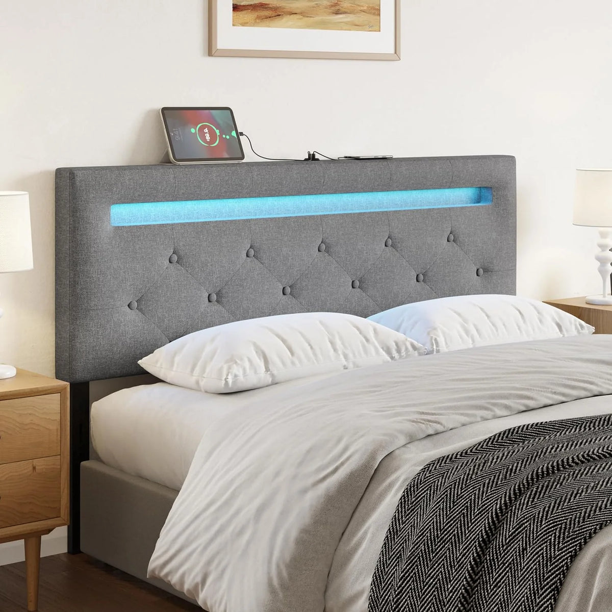 Queen Size Linen Fabric Upholstered Headboard with LED Light & USB H4171