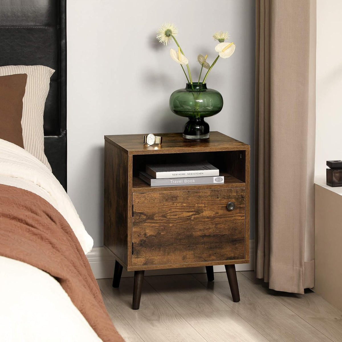 Rustic Brown Nightstand with Open Shelf and Cabinet A7785