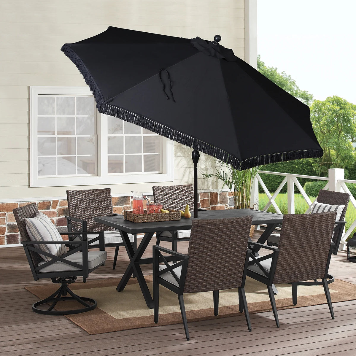 9' Cream Fringe Round Crank Patio Umbrella L5865