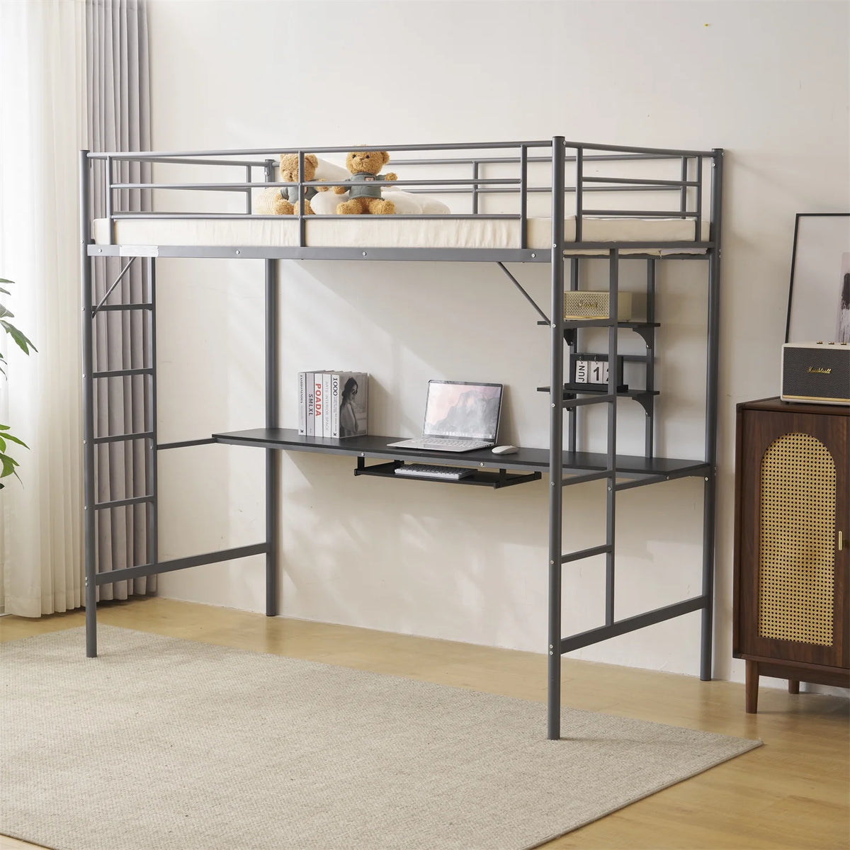 Twin Size Black Metal Loft Bed with Desk and Shelves U464