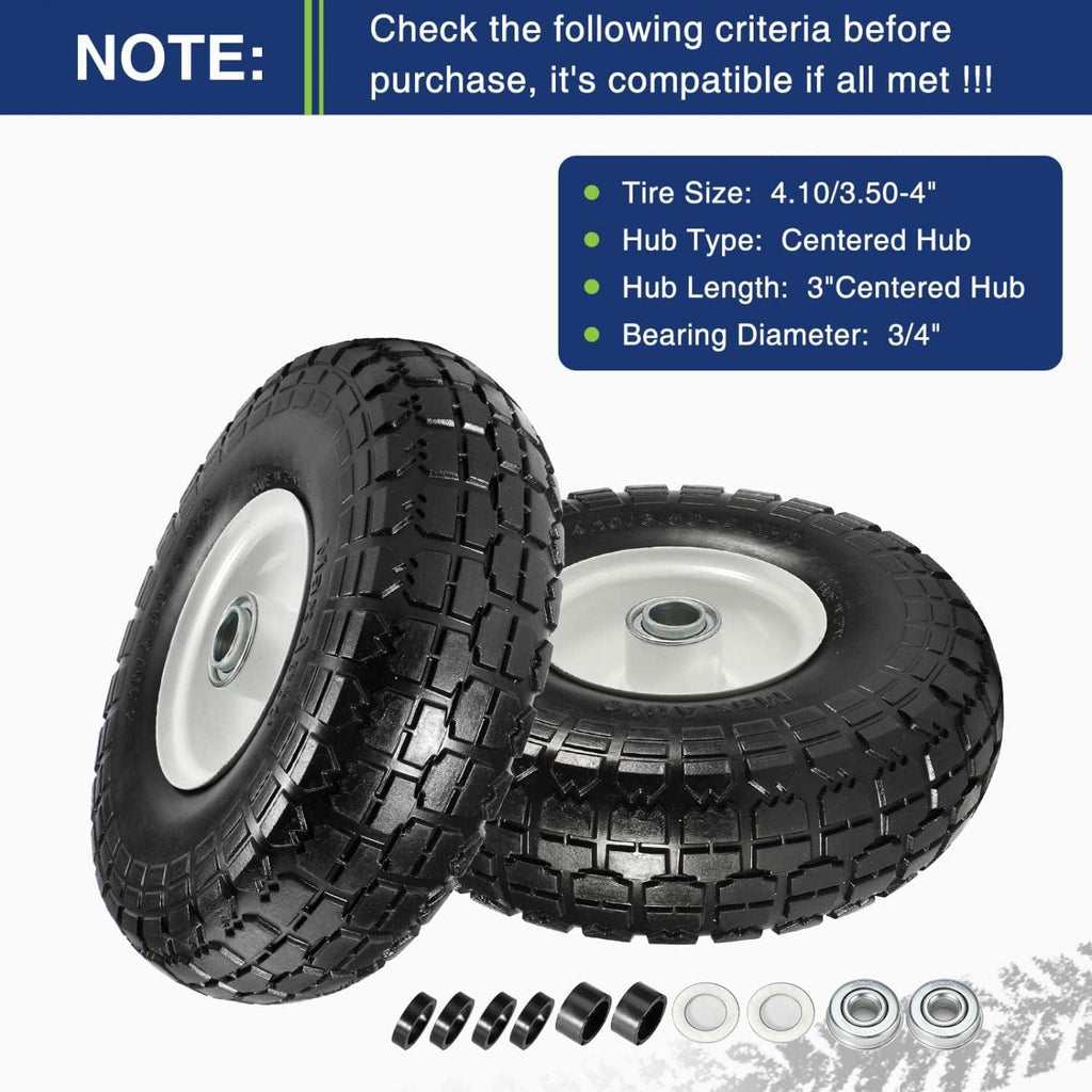 10 Flat Free Solid Rubber Tires with 3/4 Centered Bearings, 4 Pack C3000