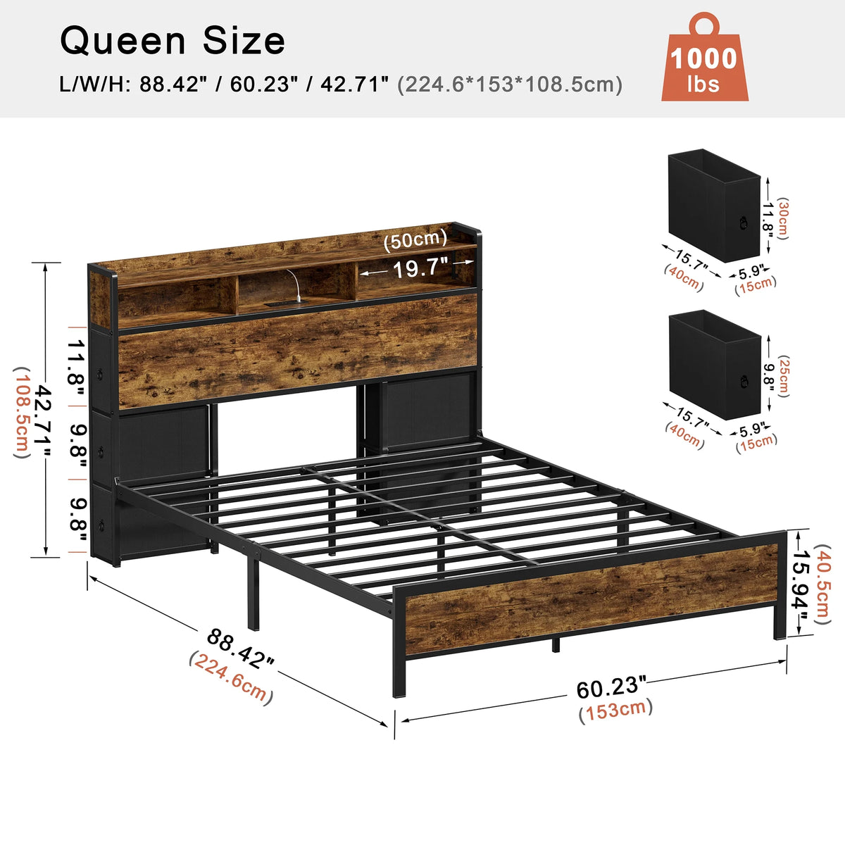 Queen Bed Frame with 6 Drawers Storage Headboard and USB Ports K8612
