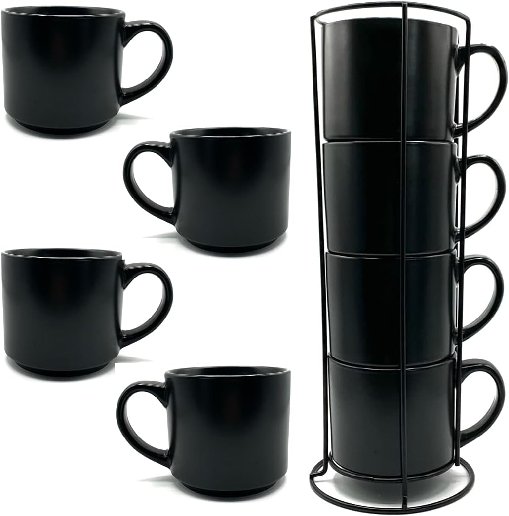 Matte Black Stackable Coffee Mugs with Rack T993035