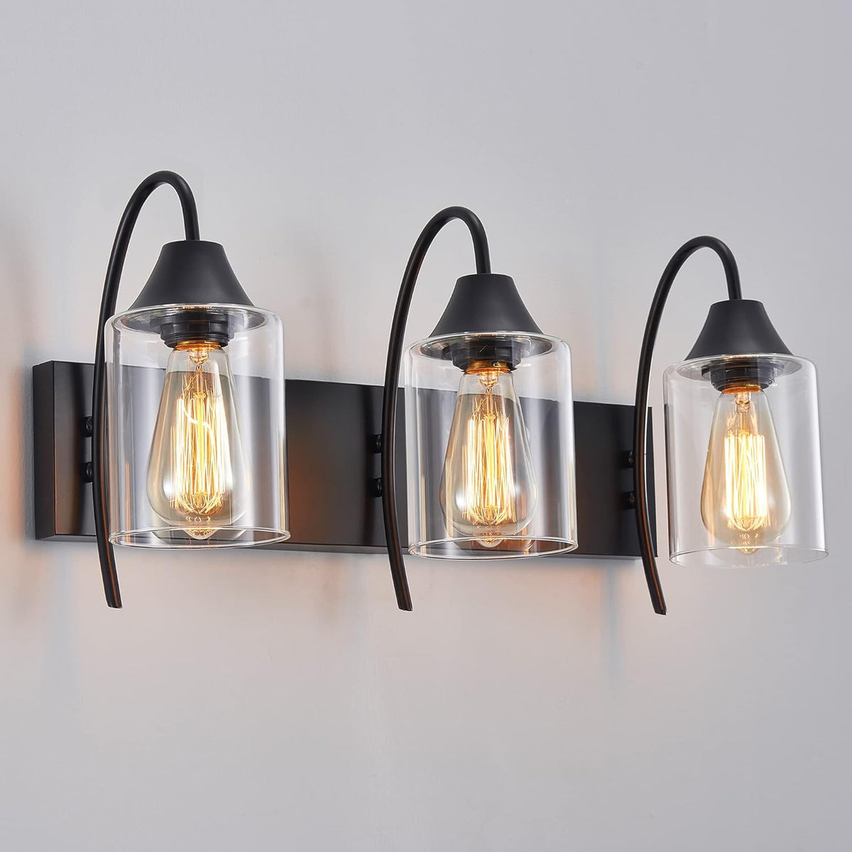 3-Light Matte Black Bathroom Vanity Light with Clear Glass Shades P86513