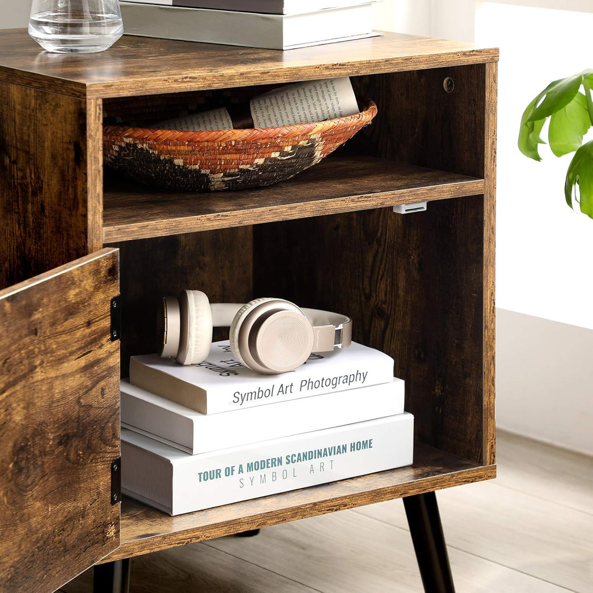 Rustic Brown Nightstand with Open Shelf and Cabinet A7785