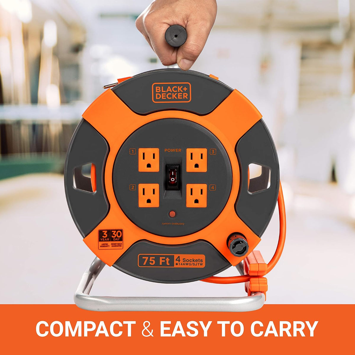75 ft 4 Outlets 14AWG SJTW Retractable Extension Cord R4566