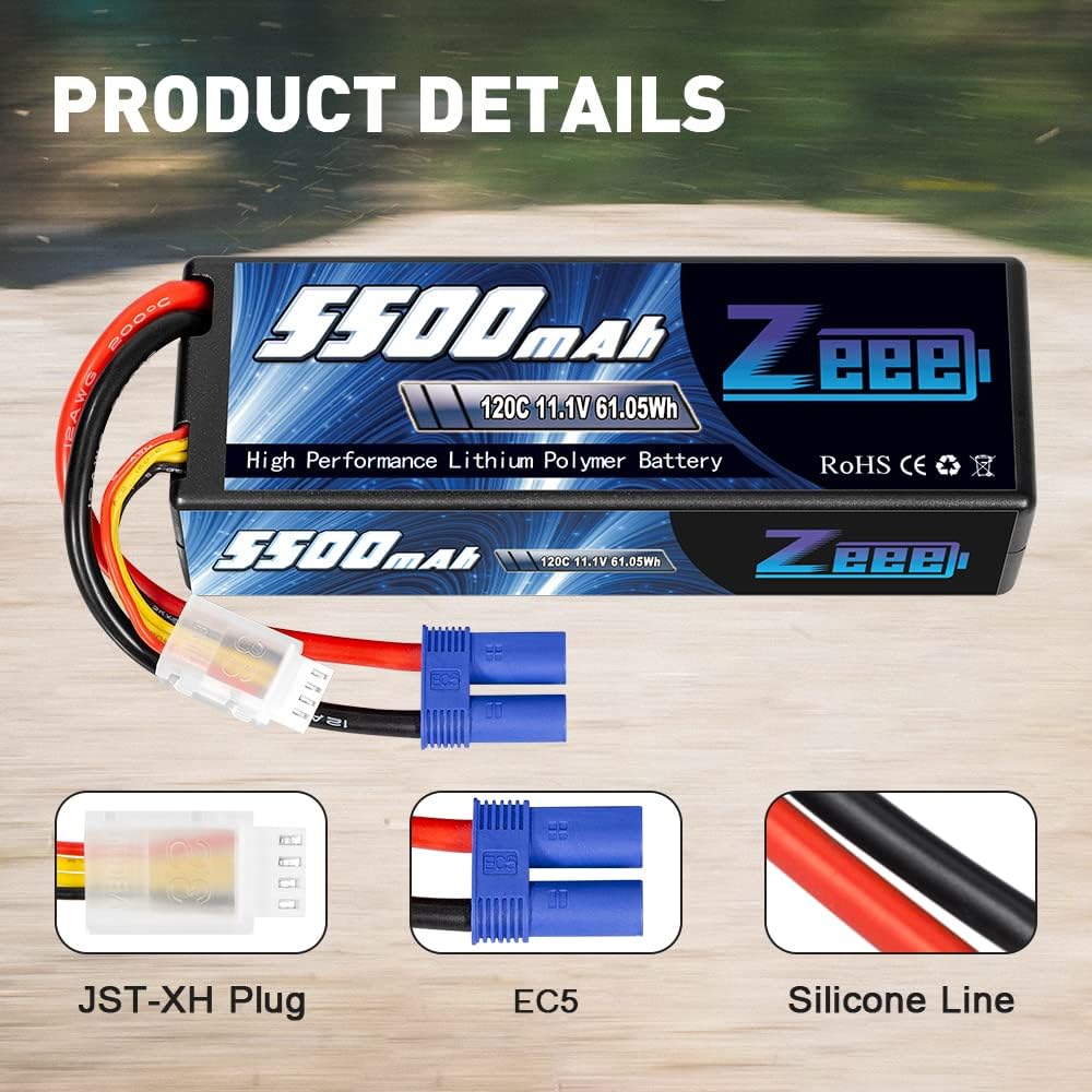 3S Lipo Battery 5500mAh 11.1V 120C Hard Case with EC5 Connector 2 Pack B14853