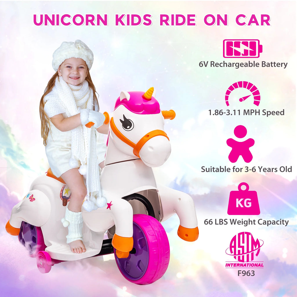 6V Unicorn Rocking Horse Toy Car with Music, Training Wheels J286