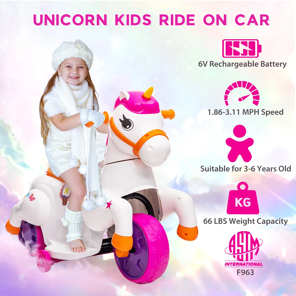 6V Unicorn Rocking Horse Toy Car with Music, Training Wheels J286