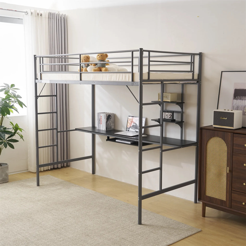Twin Size Black Metal Loft Bed with Desk and Shelves U464