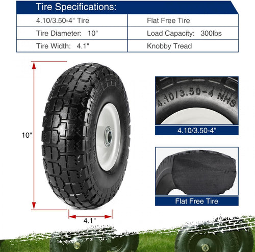 10 Flat Free Solid Rubber Tires with 3/4 Centered Bearings, 4 Pack C3000