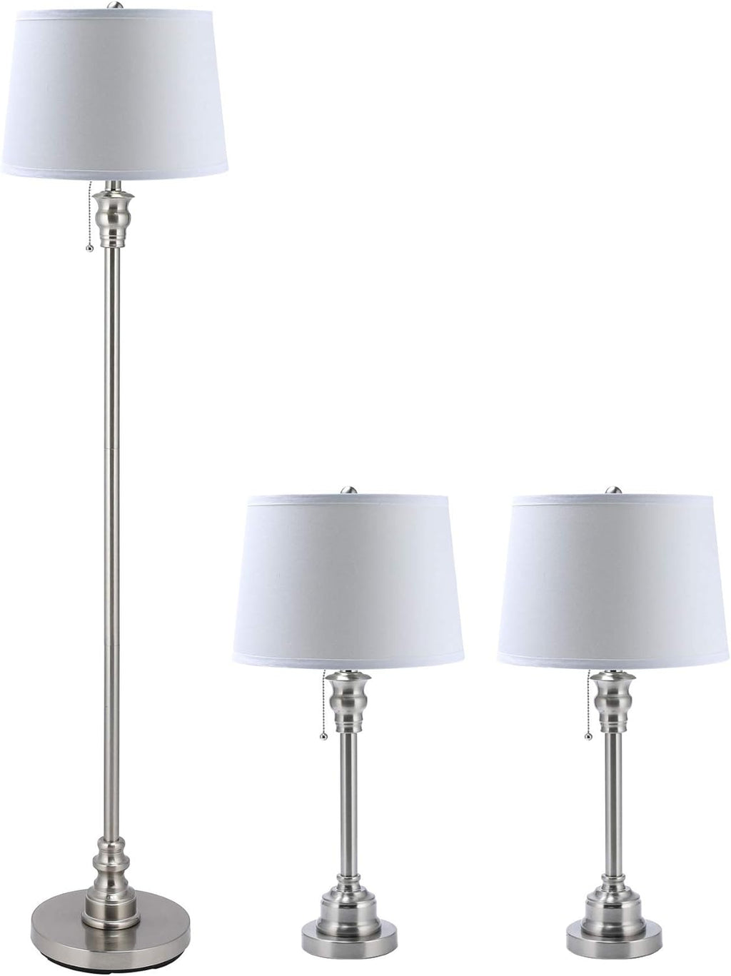 3 Lamp Set with White Fabric Shade Table and Floor Lamp Steel Finish M7261