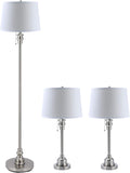 3 Lamp Set with White Fabric Shade Table and Floor Lamp Steel Finish M7261