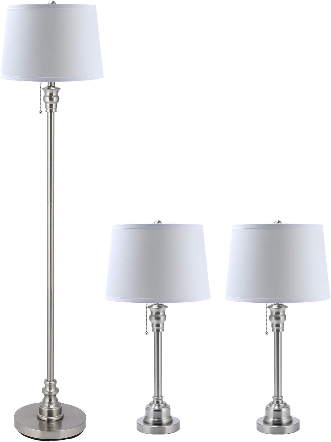 3 Lamp Set with White Fabric Shade Table and Floor Lamp Steel Finish M7261