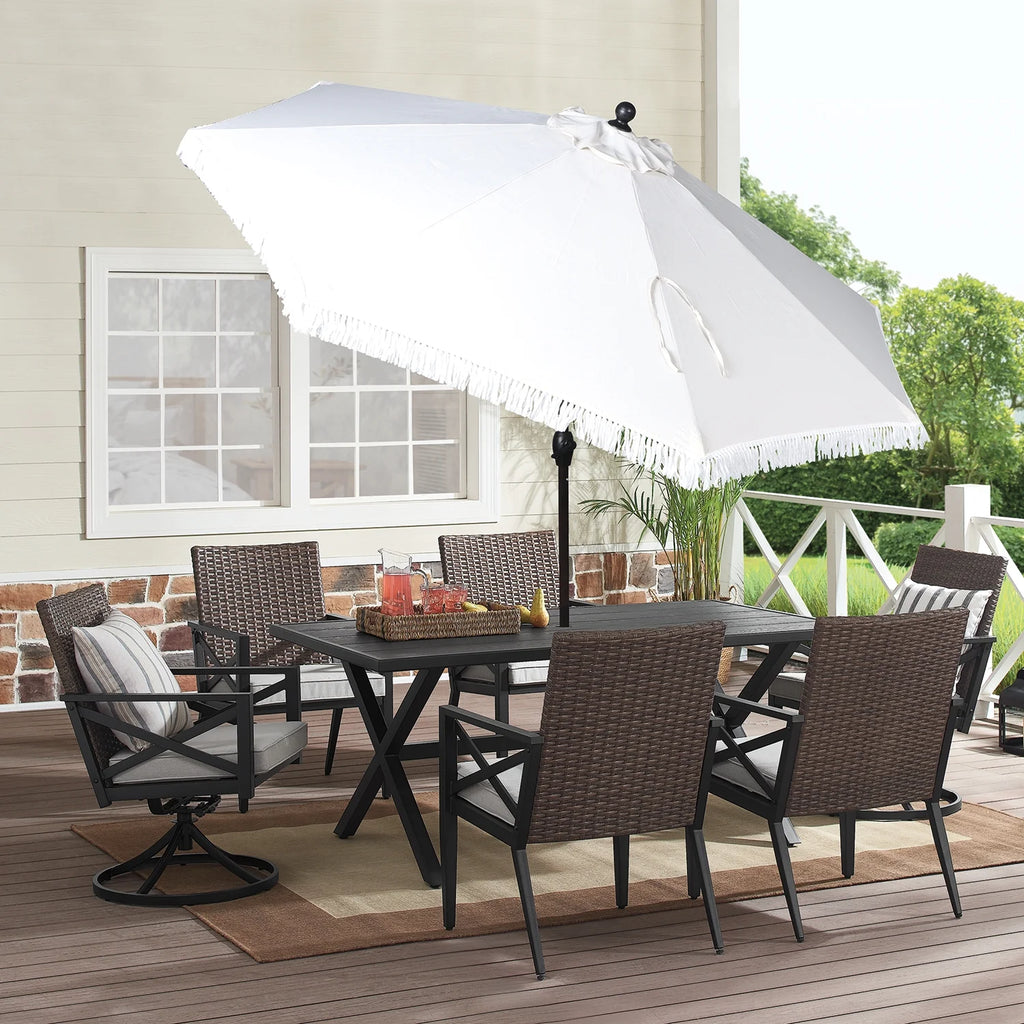 9' Cream Fringe Round Crank Patio Umbrella L5865