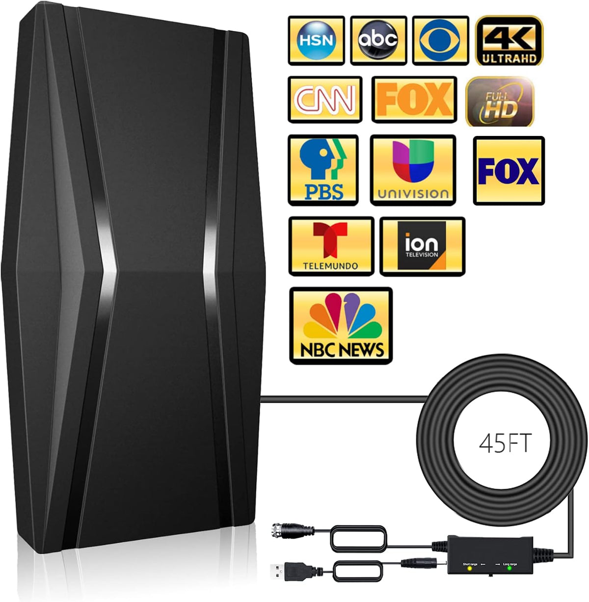 Amplified HDTV Digital TV Antenna 460 Miles Range 4K 1080P 45ft Coax Cable T17099