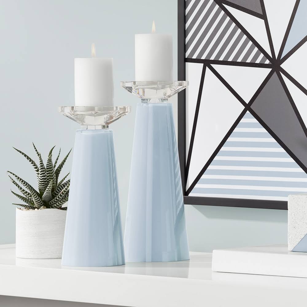 Blue Glass Pillar Candle Holder Set of 2 E9164