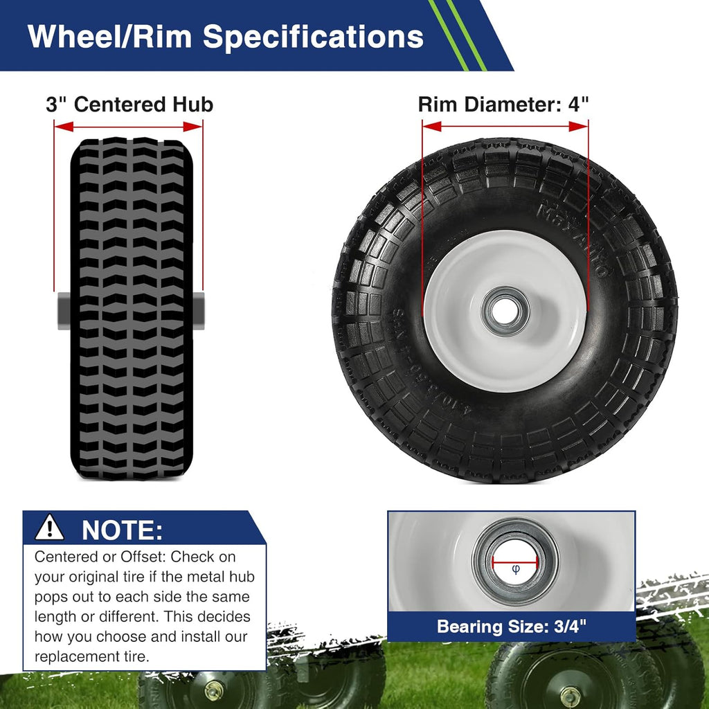 10 Flat Free Solid Rubber Tires with 3/4 Centered Bearings, 4 Pack C3000