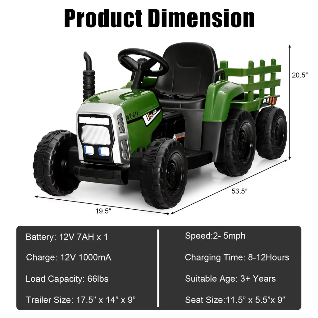 12V Kids Ride On Tractor with Trailer Dark Black A2213