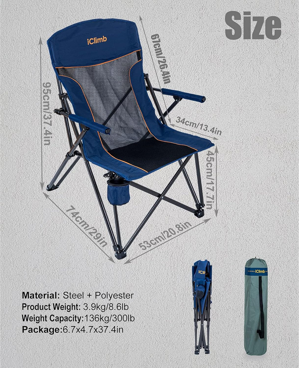 Heavy Duty Folding Mesh Camping Chair with Cup Holder and Carry Bag Q970